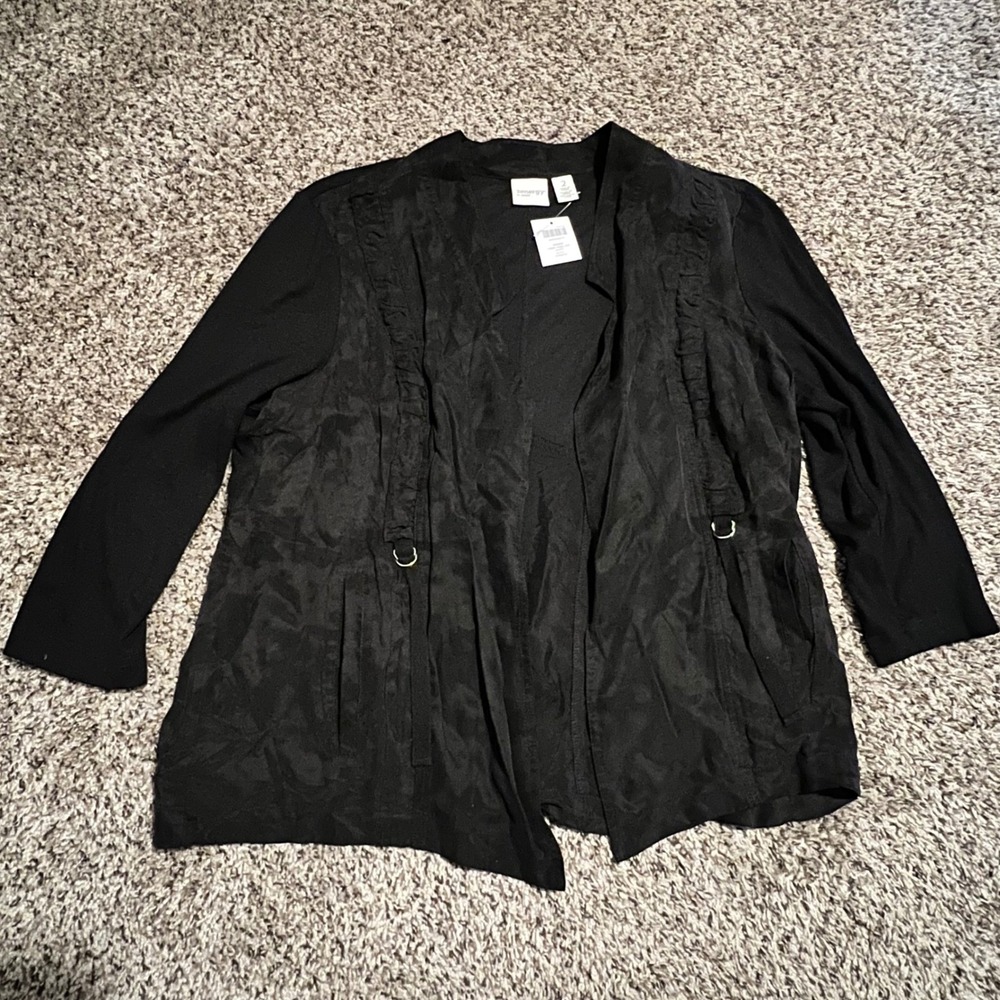 Zenergy by Chicos Black Mixed Media Open Front Jacket Ruffle Trim Size 2 L 12-14